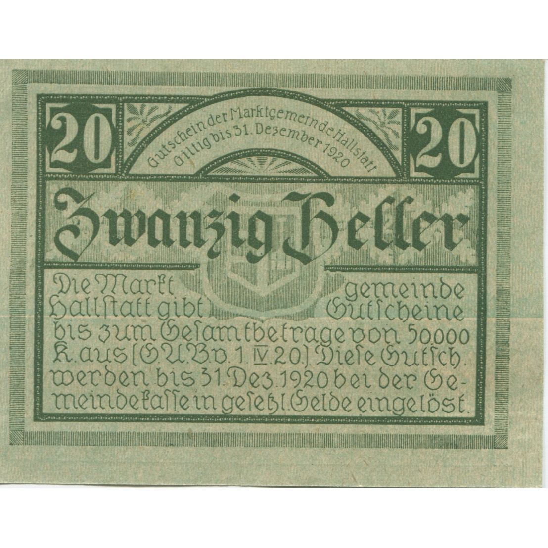 Geldschein, Österreich, Hallstatt, 20 Heller, château 1920 UNZ- Mehl:FS 345