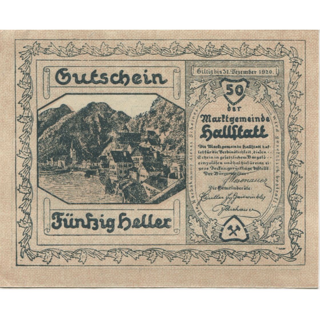 Geldschein, Österreich, Hallstatt, 50 Heller, village 1920 UNZ- Mehl:FS 345