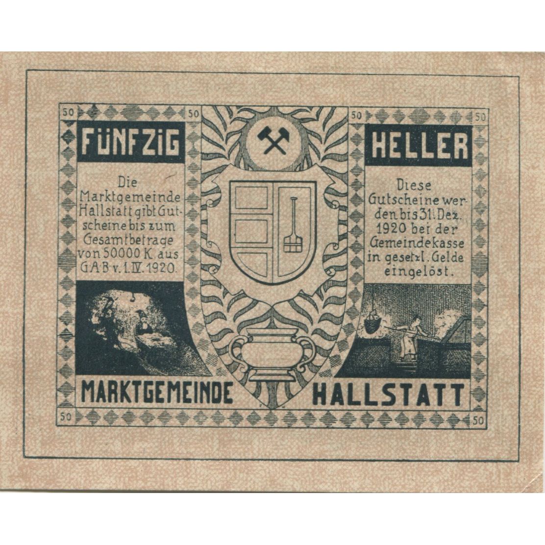 Geldschein, Österreich, Hallstatt, 50 Heller, village 1920 UNZ- Mehl:FS 345