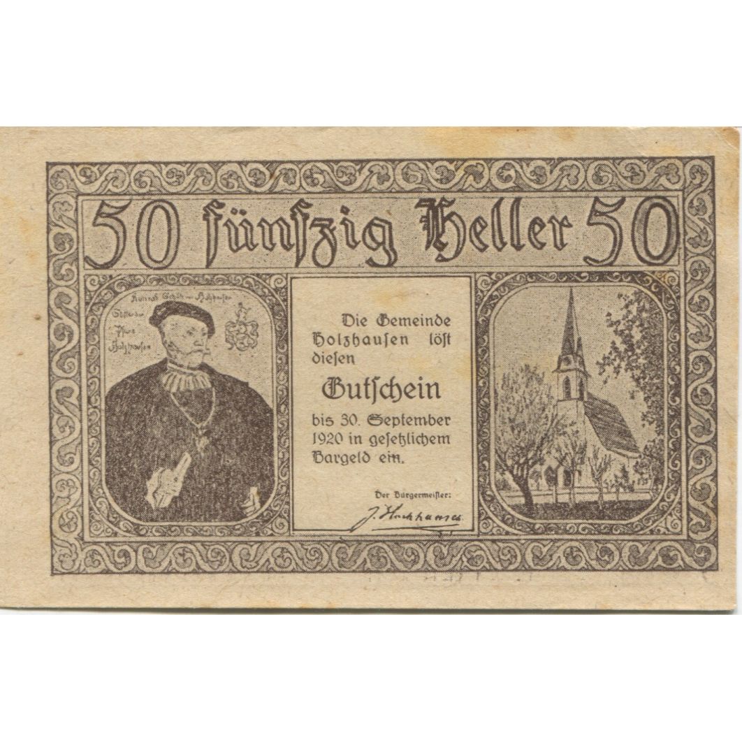 Biljet, Oostenrijk, Holzhausen, 50 Heller, Eglise 1920-09-30, SUP Mehl:FS 396a