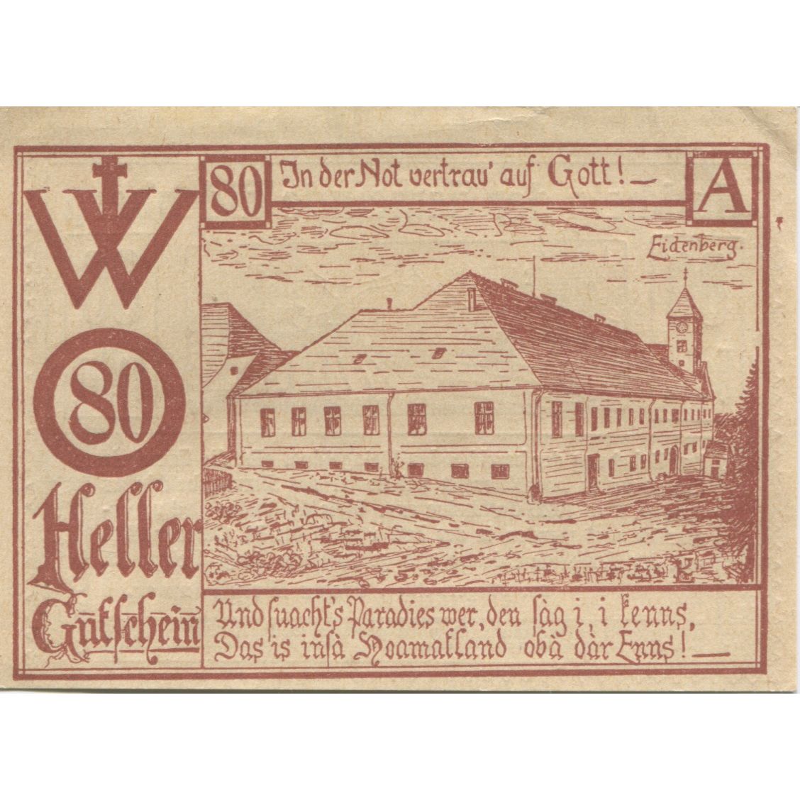 Banconote, Austria, Eidenberg, 80 Heller, champs, 1920 SPL, Mehl:FS 168Ia