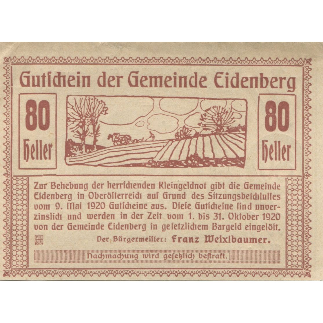 Banconote, Austria, Eidenberg, 80 Heller, champs, 1920 SPL, Mehl:FS 168Ia