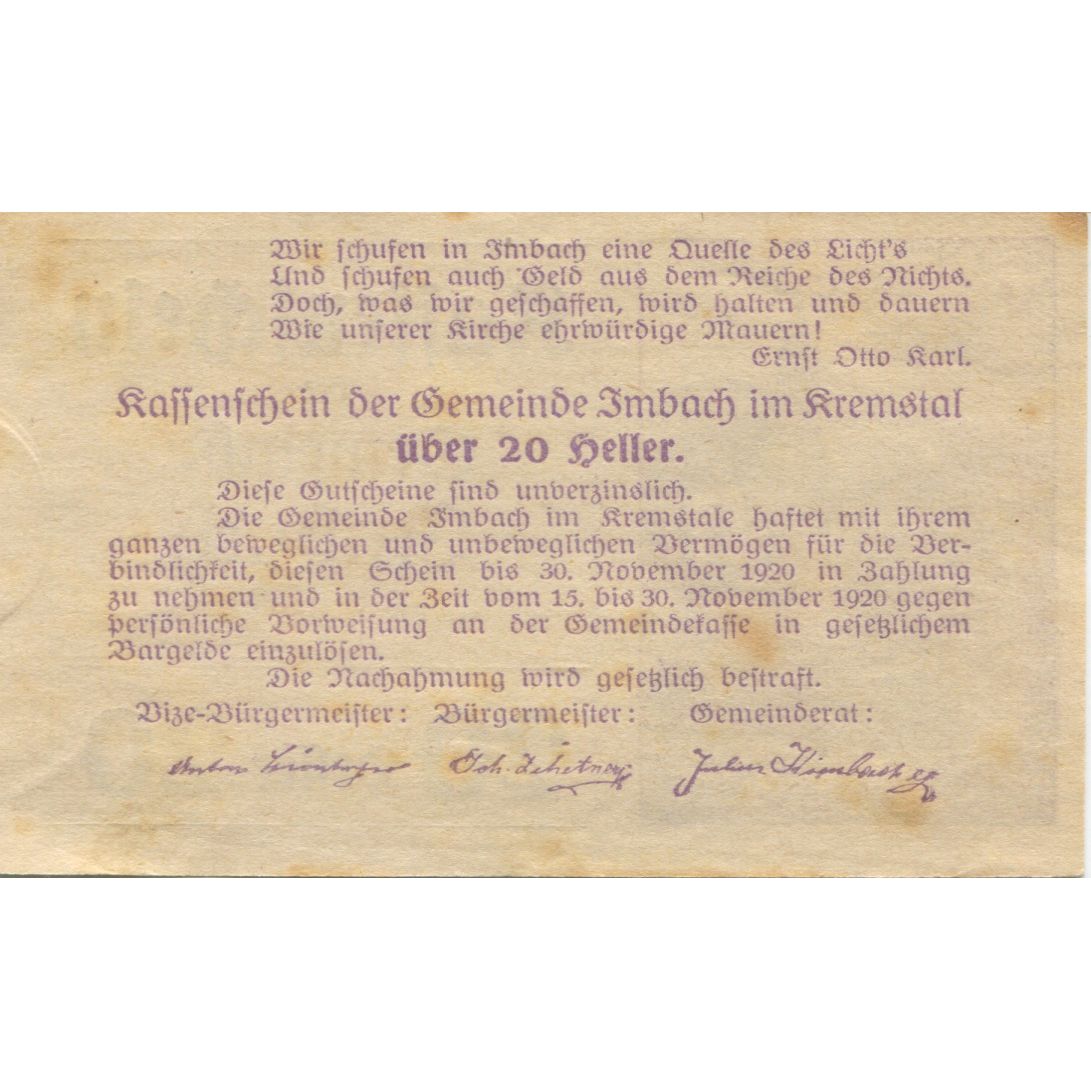 Geldschein, Österreich, Imbach, 20 Heller, Eglise, 1920 SS Mehl:FS 404IIc