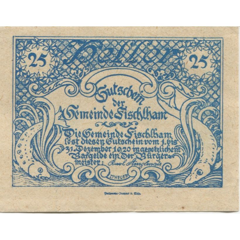 Biljet, Oostenrijk, Fischlham, 25 Heller, Eglise 1920-12-31, SPL Mehl:FS 203I