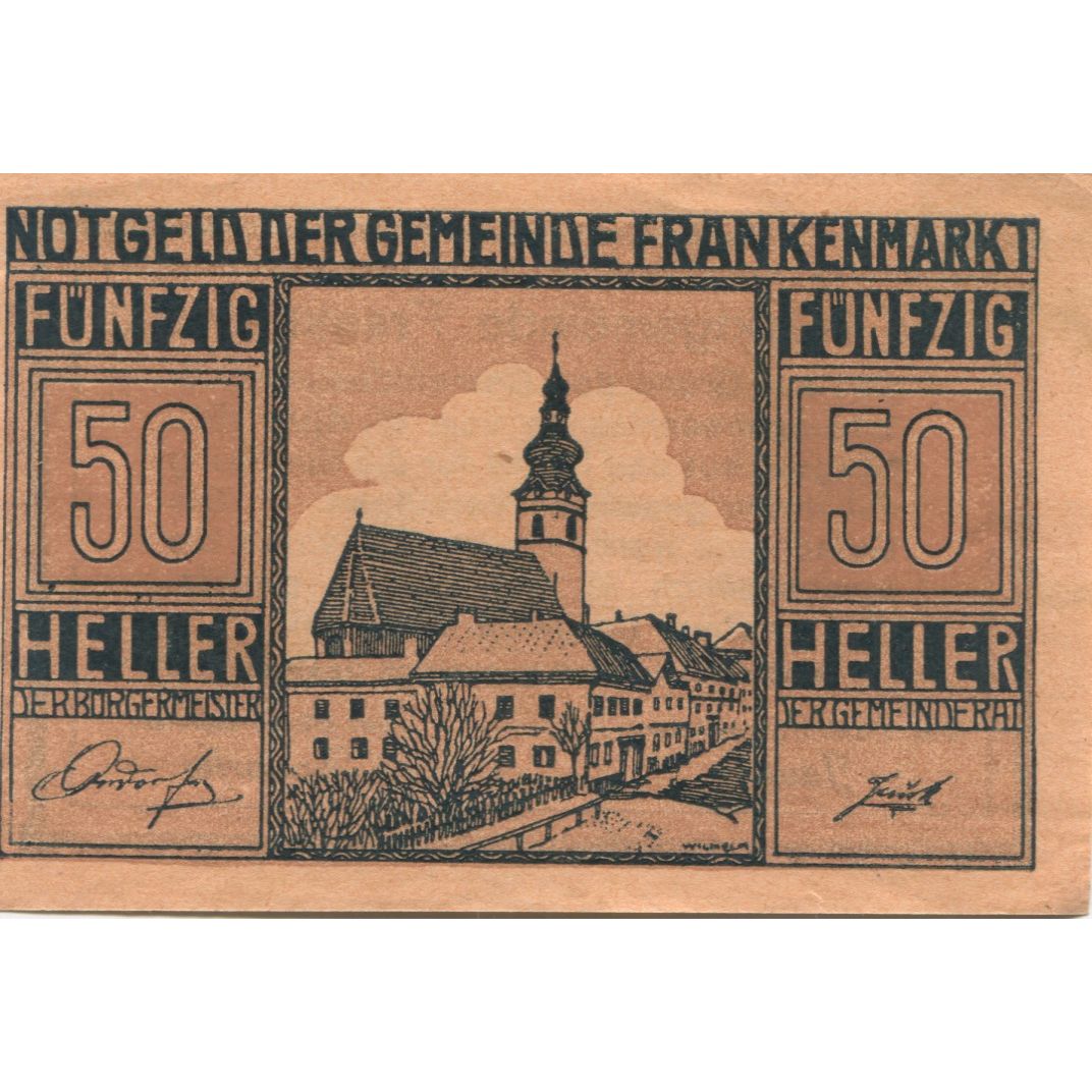 Geldschein, Österreich, Frankenmarkt, 50 Heller, Eglise, 1921 UNZ- Mehl:FS 209d