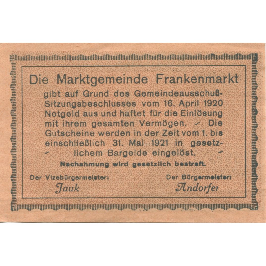 Geldschein, Österreich, Frankenmarkt, 50 Heller, Eglise, 1921 UNZ- Mehl:FS 209d