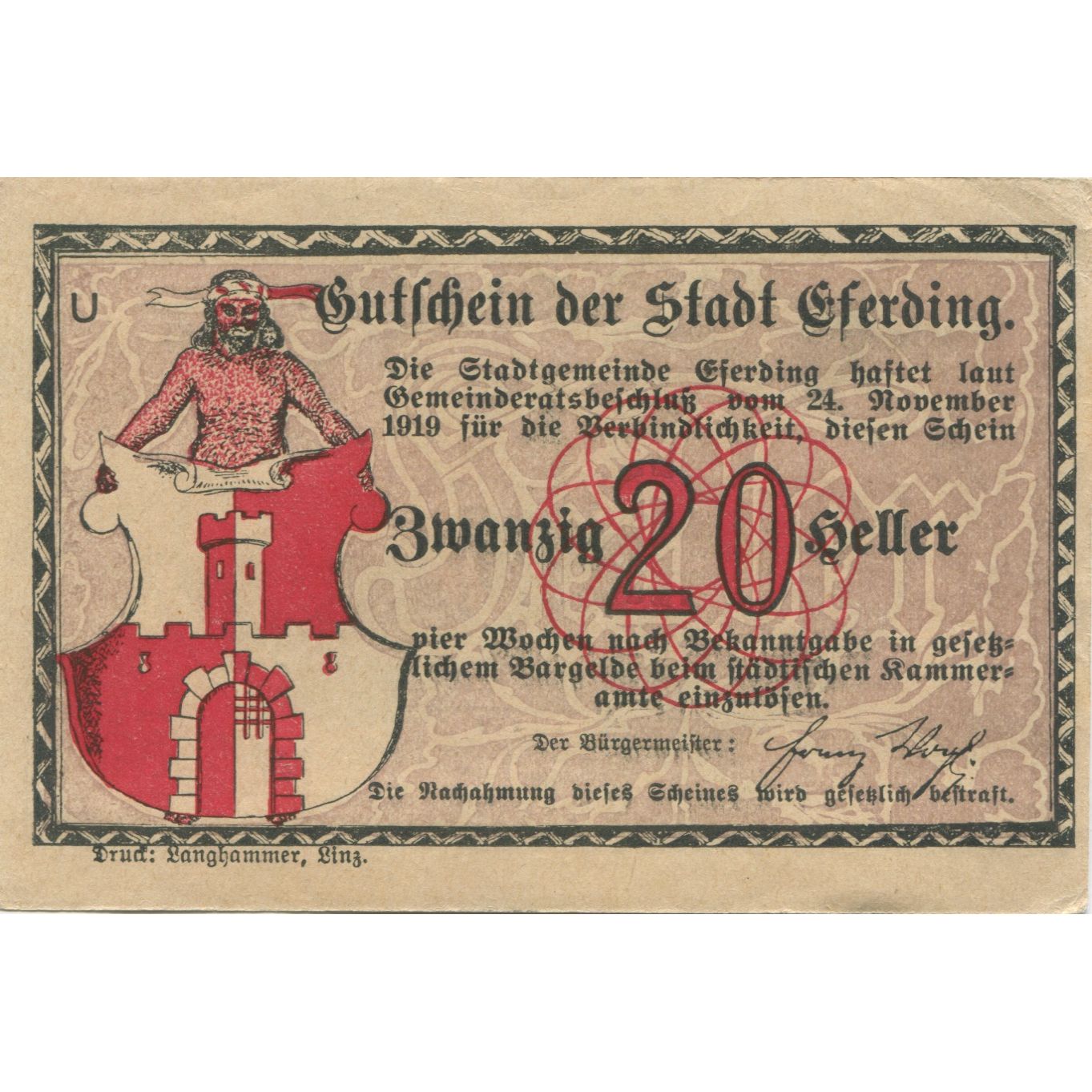 Geldschein, Österreich, Eferding, 20 Heller, Eglise, 1919, UNZ-, Mehl:FS 152I
