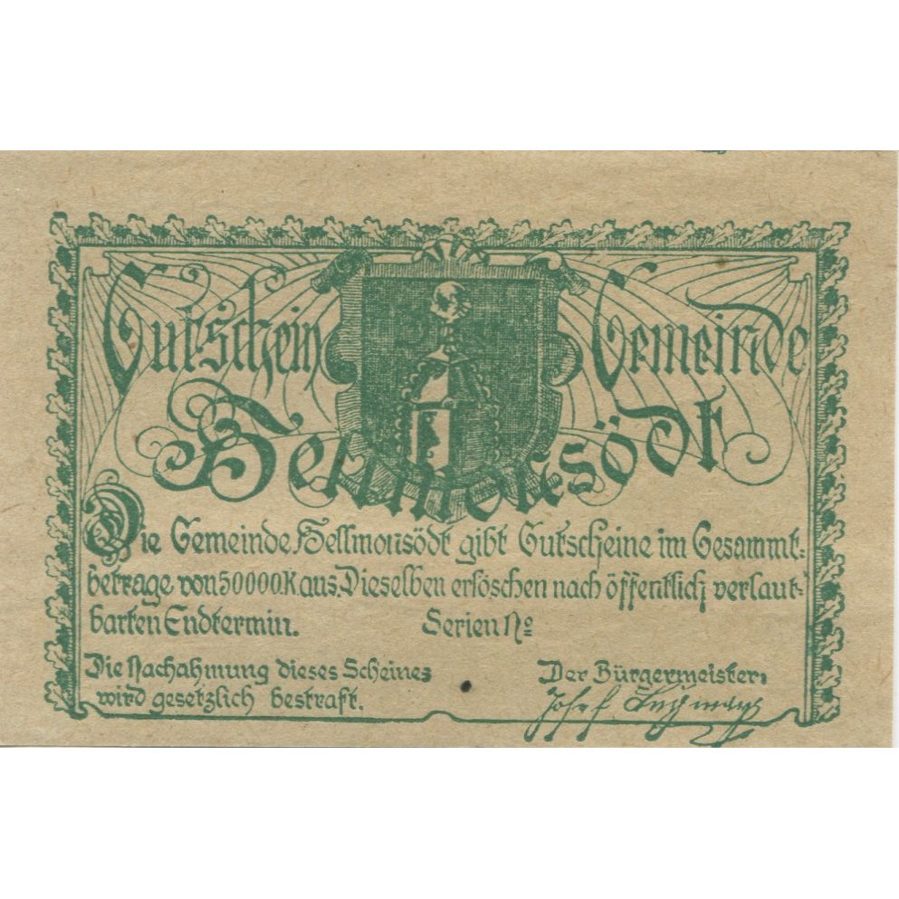 Biljet, Oostenrijk, Hellmonsodt, 10 Heller, Blason, 1920, SPL, Mehl:FS 364