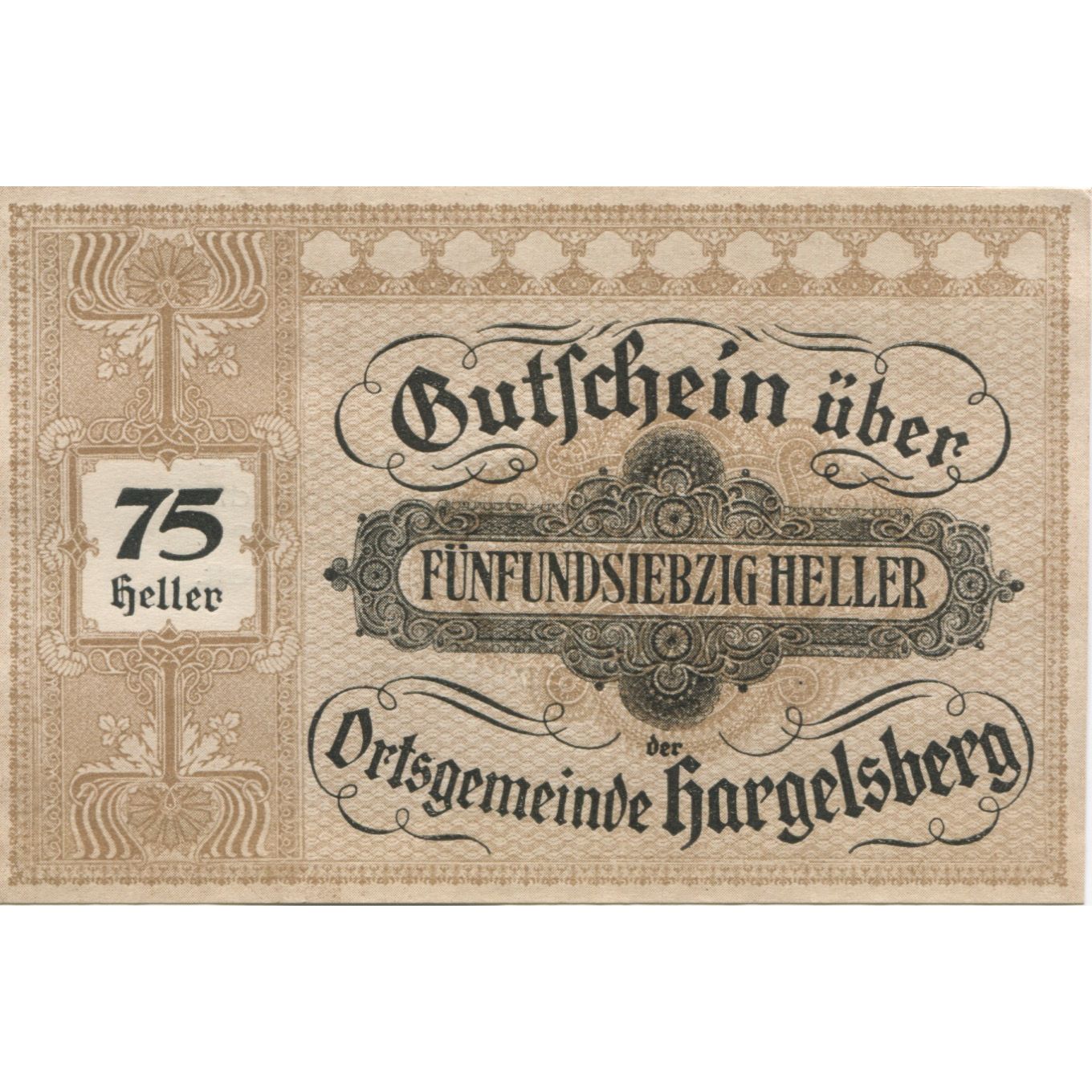 Biljet, Oostenrijk, Hargelsberg, 75 Heller, Texte 1920-12-31, SPL Mehl:FS 349IIc