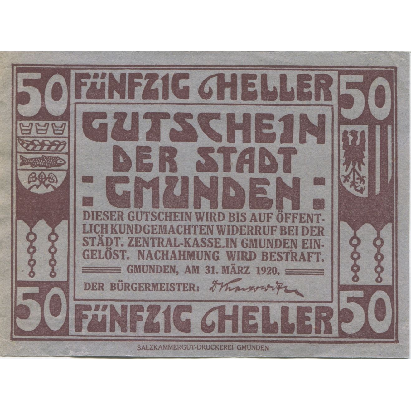 Geldschein, Österreich, Gmunden, 50 Heller, mer 1920-03-31, VZ, Mehl:FS 240IIa