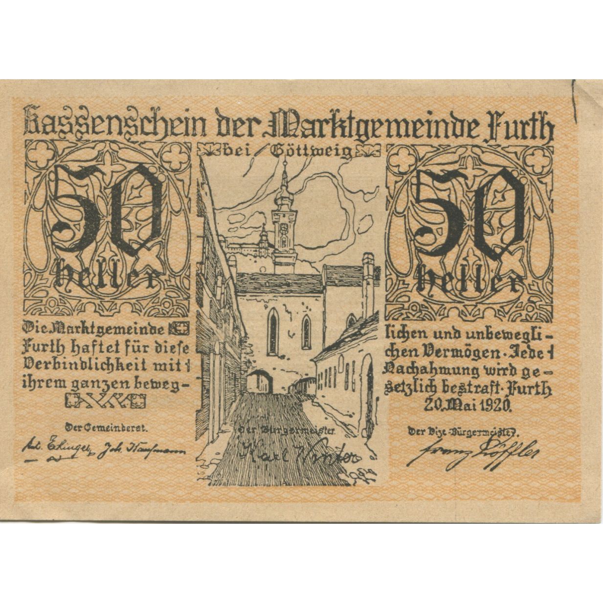 Geldschein, Österreich, Furth, 50 Heller, rue 1920-09-30, UNZ-, Mehl:FS 214aB