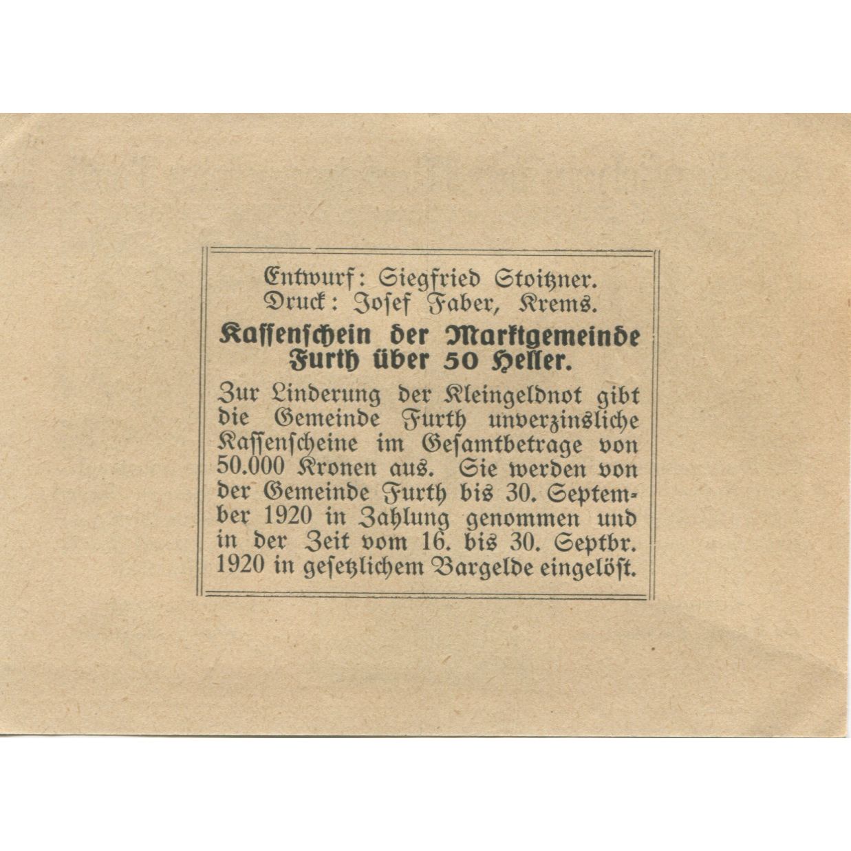 Geldschein, Österreich, Furth, 50 Heller, rue 1920-09-30, UNZ-, Mehl:FS 214aB