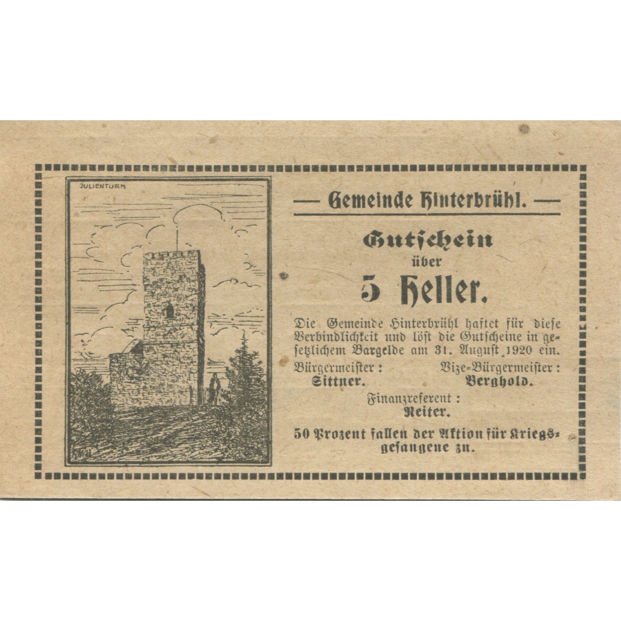 Geldschein, Österreich, Hinterbrühl, 5 Heller, tour, 1920 UNZ- Mehl:FS 376IIIc