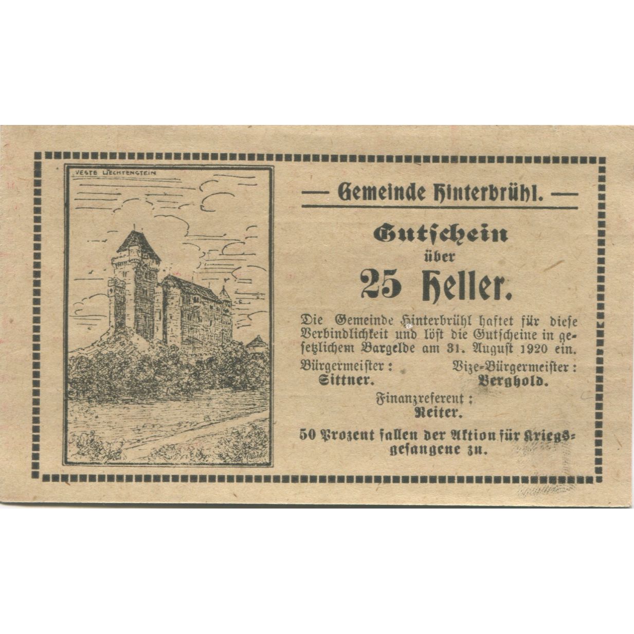 Geldschein, Österreich, Hinterbrühl 25 Heller château 1920 UNZ- Mehl:FS 376IIIc