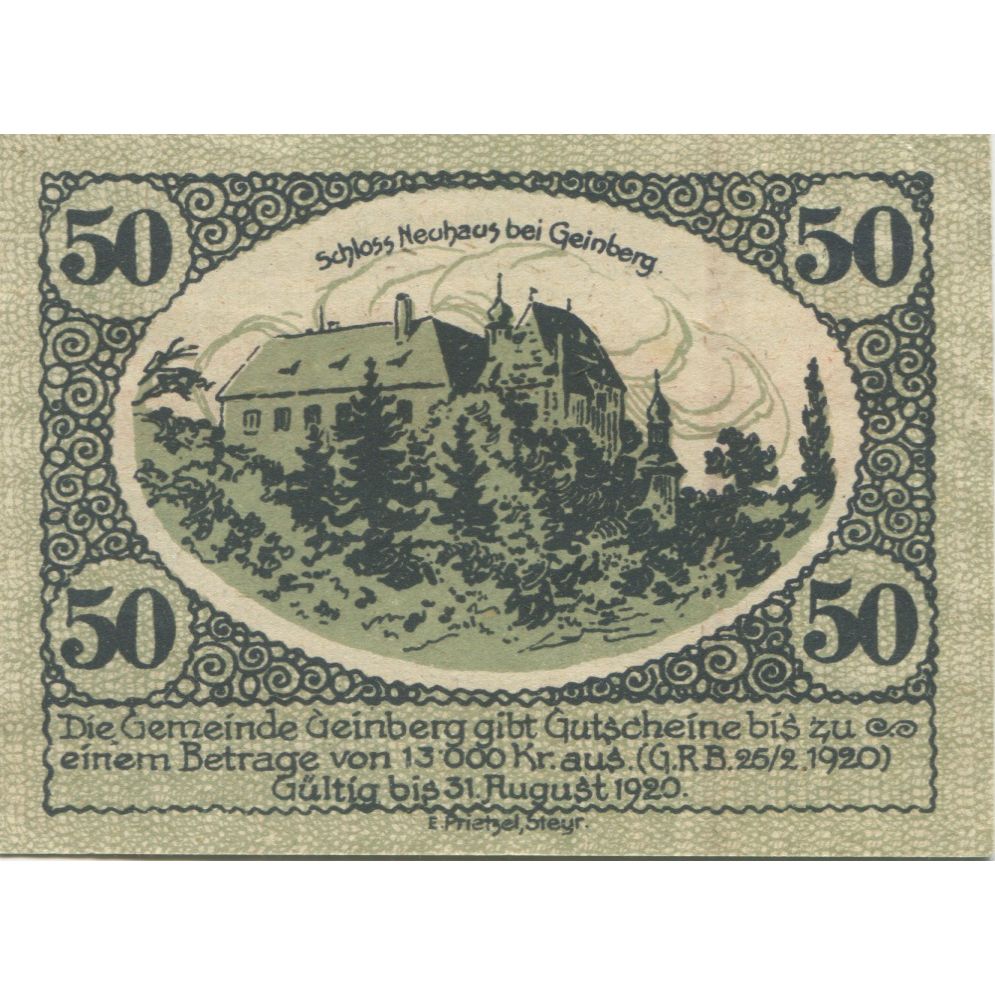 Banknote, Austria, Geinberg, 50 Heller, château, 1920 UNC(63) Mehl:FS 228a