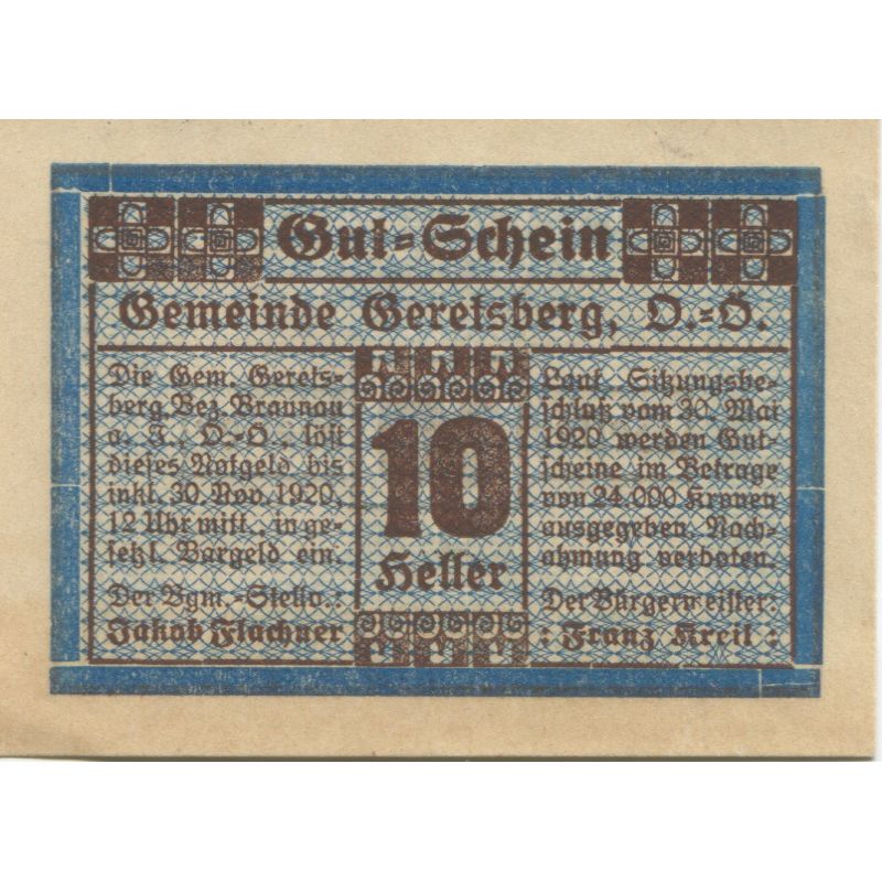 Geldschein, Österreich, Geretsberg, 10 Heller, Texte, 1920 UNZ- Mehl:FS 231a