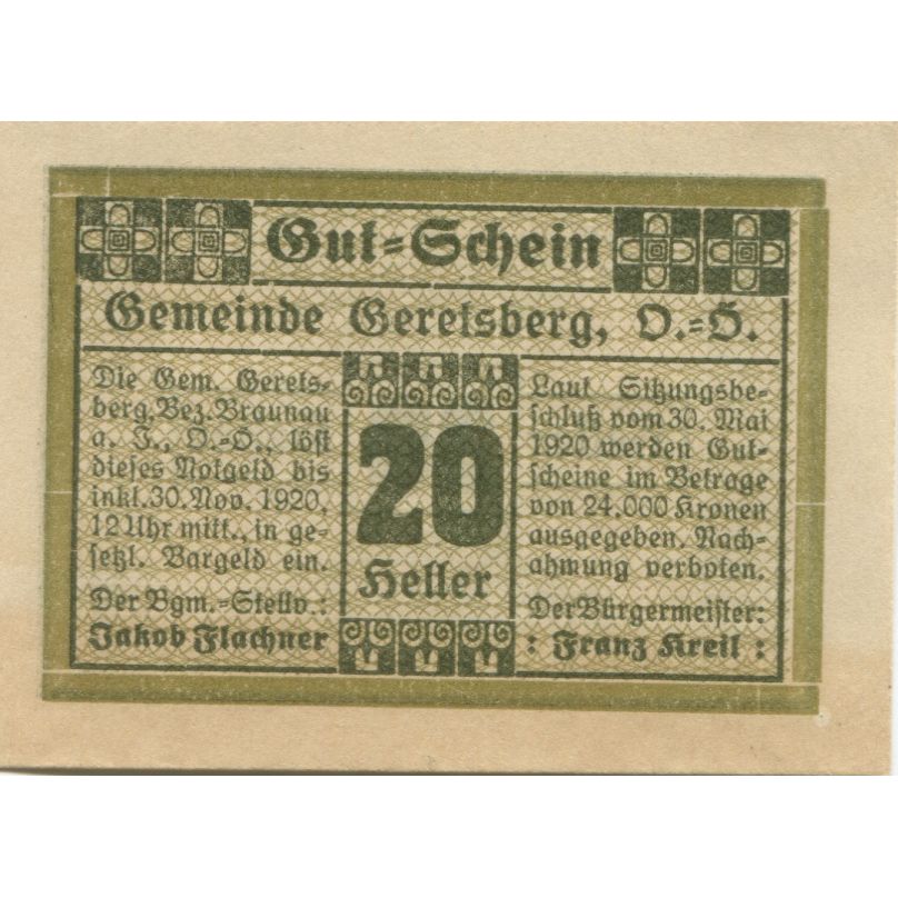 Banconote, Austria, Geretsberg, 20 Heller, Texte 1920-11-30, SPL Mehl:FS 231a