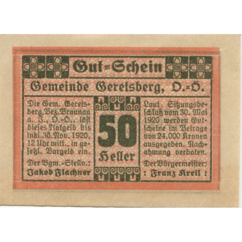 Geldschein, Österreich, Geretsberg, 50 Heller, Texte, 1920 UNZ- Mehl:FS 231a