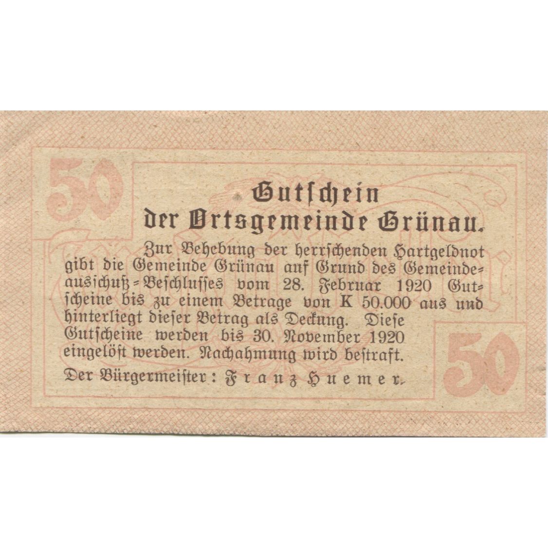 Geldschein, Österreich, Grünau, 50 Heller, manoir, 1920 UNZ- Mehl:FS 300a