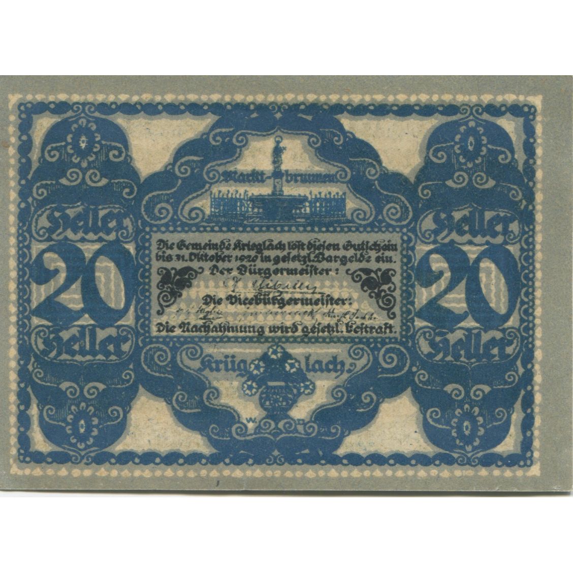 Banconote, Austria, Krieglach, 20 Heller, Texte 1920-10-31, SPL Mehl:FS 480a