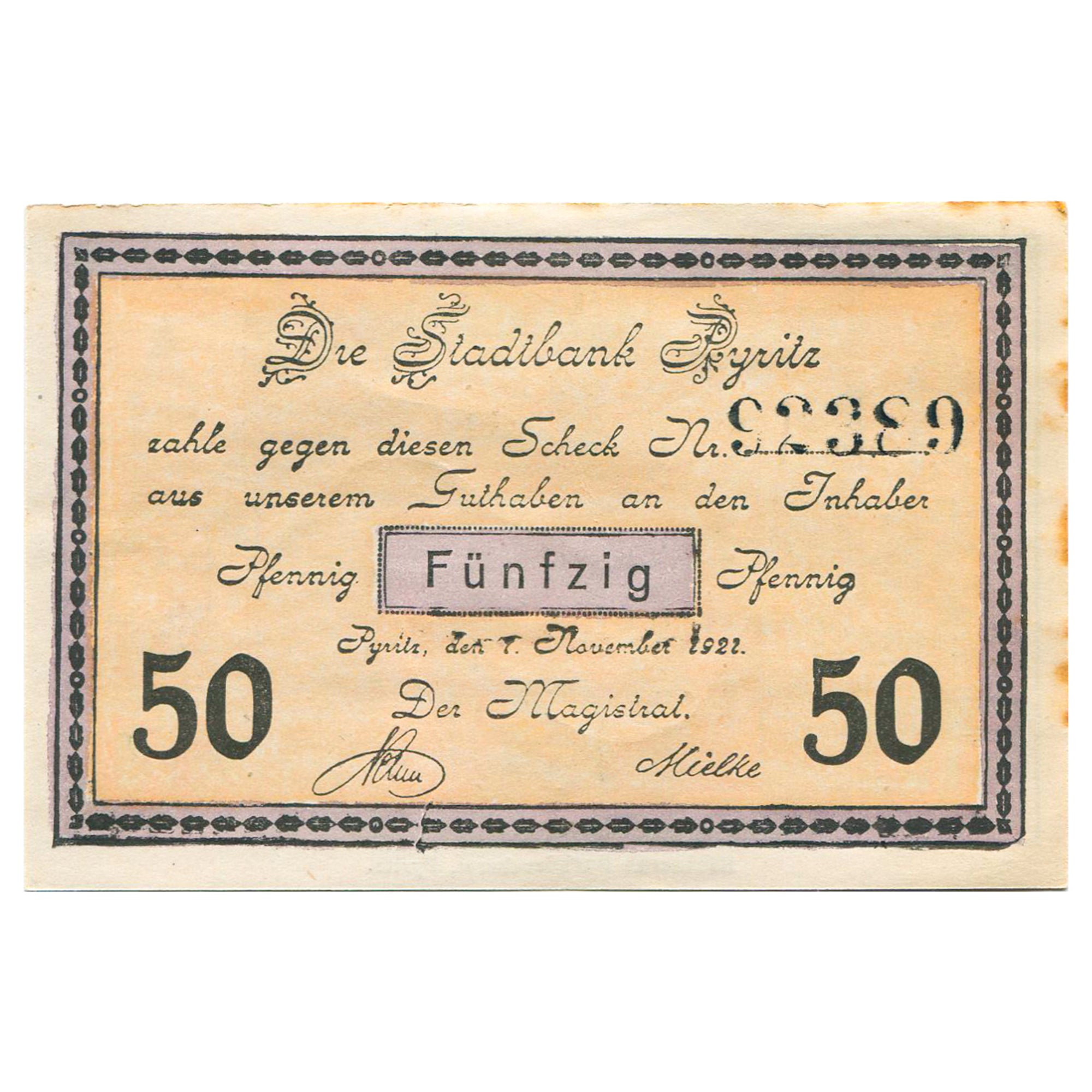 Banknote, Germany, Pyritz, 50 Pfennig, château, 1921 EF(40-45) Mehl: 1083.2