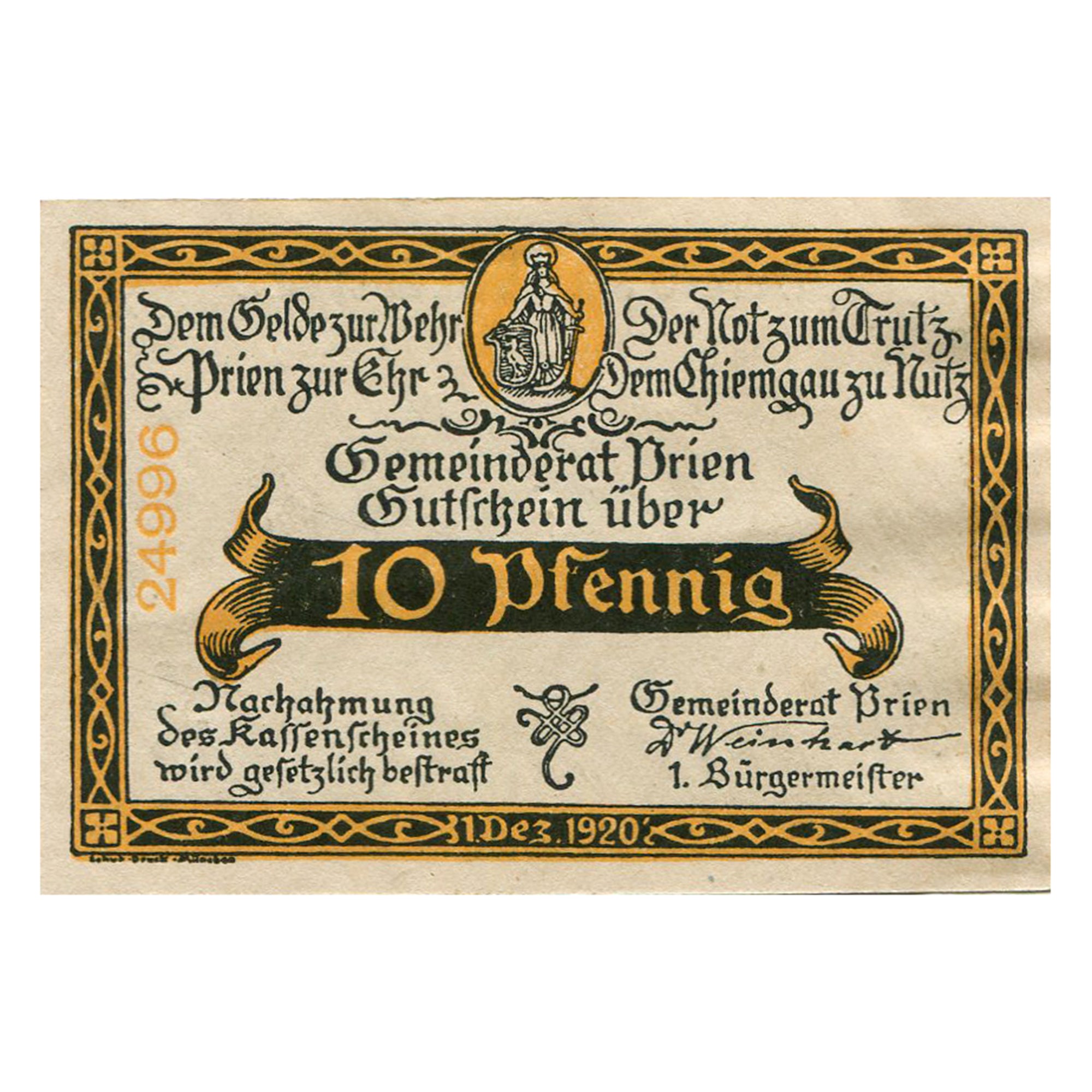 Banknote, Germany, Prien, 10 Pfennig, village, 1920, UNC(63), Mehl:1074.2