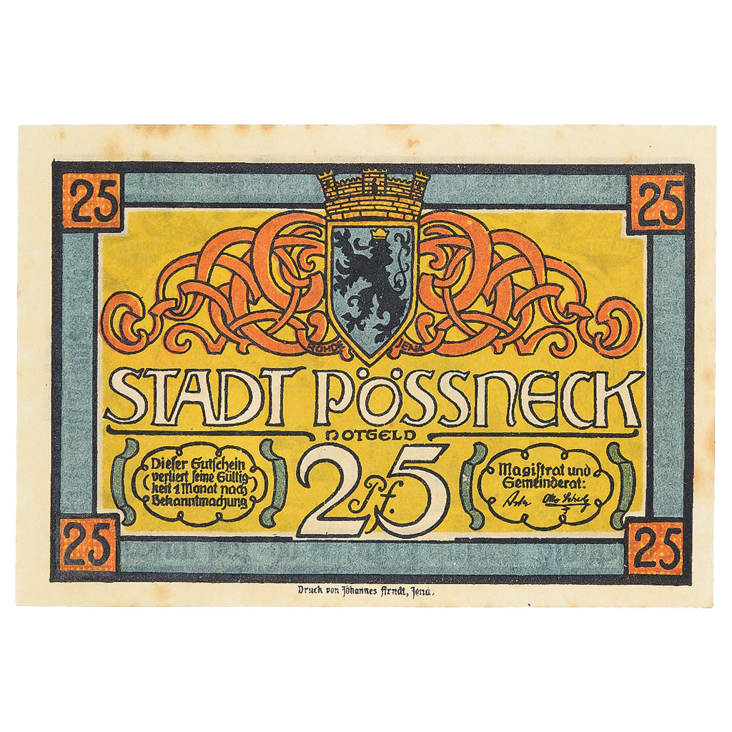 Banknote, Germany, Possneck, 25 Pfennig, personnage, 1920 EF(40-45) Mehl:1066.1