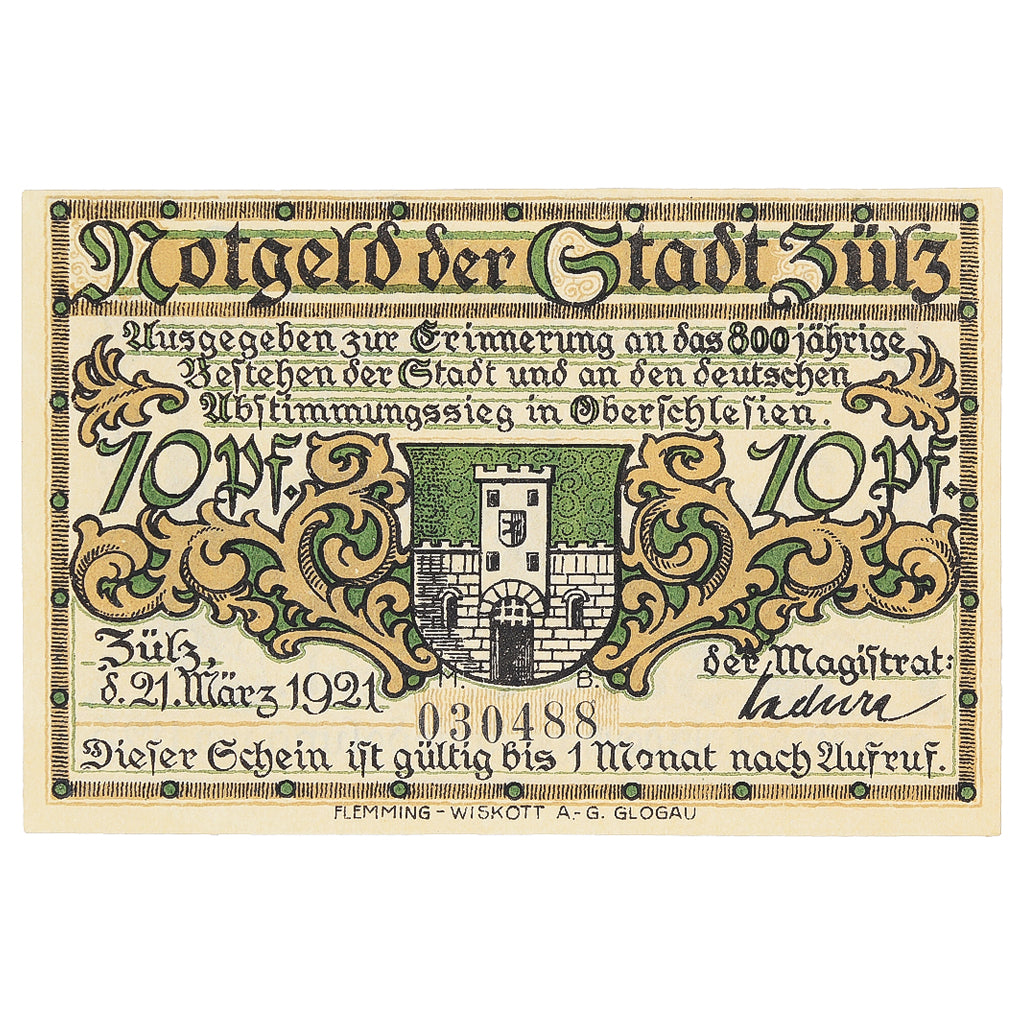 Banknote, Germany, Zülz, 10 Pfennig, Blason, 1921 UNC(63) Mehl:1477.1
