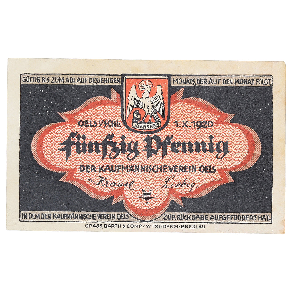 Banknote, Germany, Oels, 50 Pfennig, Blason, 1920, AU(55-58), Mehl:O12
