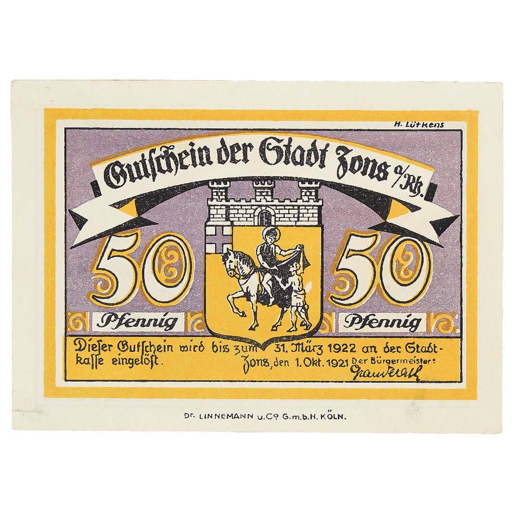 Banknote Germany Zons am Rhein, 50Pfennig, château, 1921) AU(55-58) Mehl:1476.2