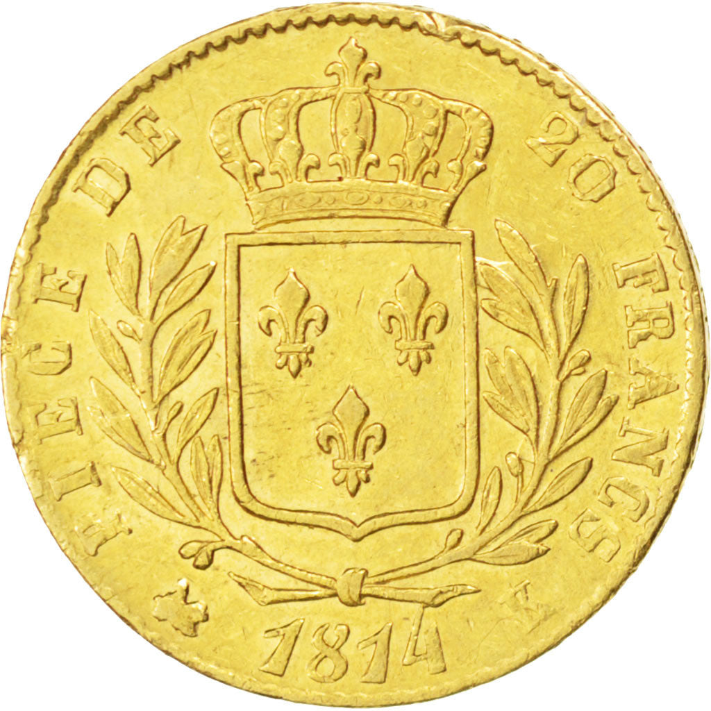 FRANCE, Louis XVIII, 20 Francs, 1814, Bordeaux, KM #706.3, EF(40-45), Gold,...