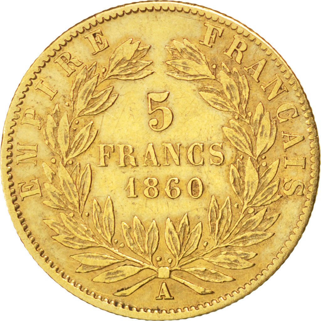 FRANCE, Napoléon III, 5 Francs, 1860, Paris, KM #787.1, EF(40-45), Gold, 16.7, G