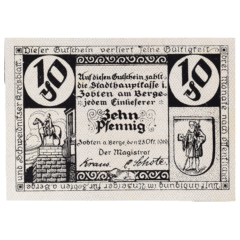 Banknote, Germany, Zobten, 10 Pfennig, paysage, 1919 UNC(63) Mehl:Z15.1