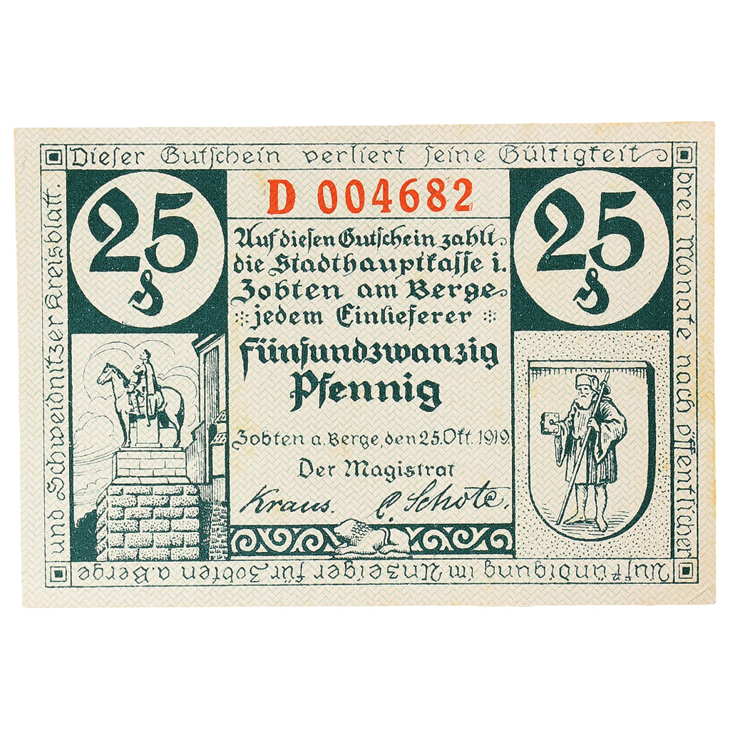 Banknote, Germany, Zobten, 25 Pfennig, Blason 1919-10-20, UNC(63) Mehl:Z15.1