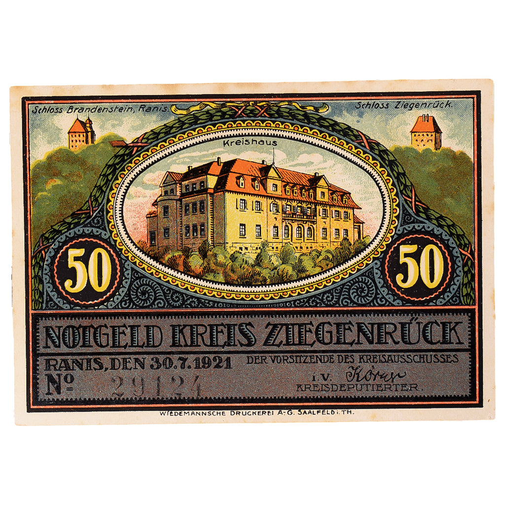 Billete, Alemania, Ziegenrück, 50 Pfennig, Usine 1921-07-30, EBC Mehl:1471.1