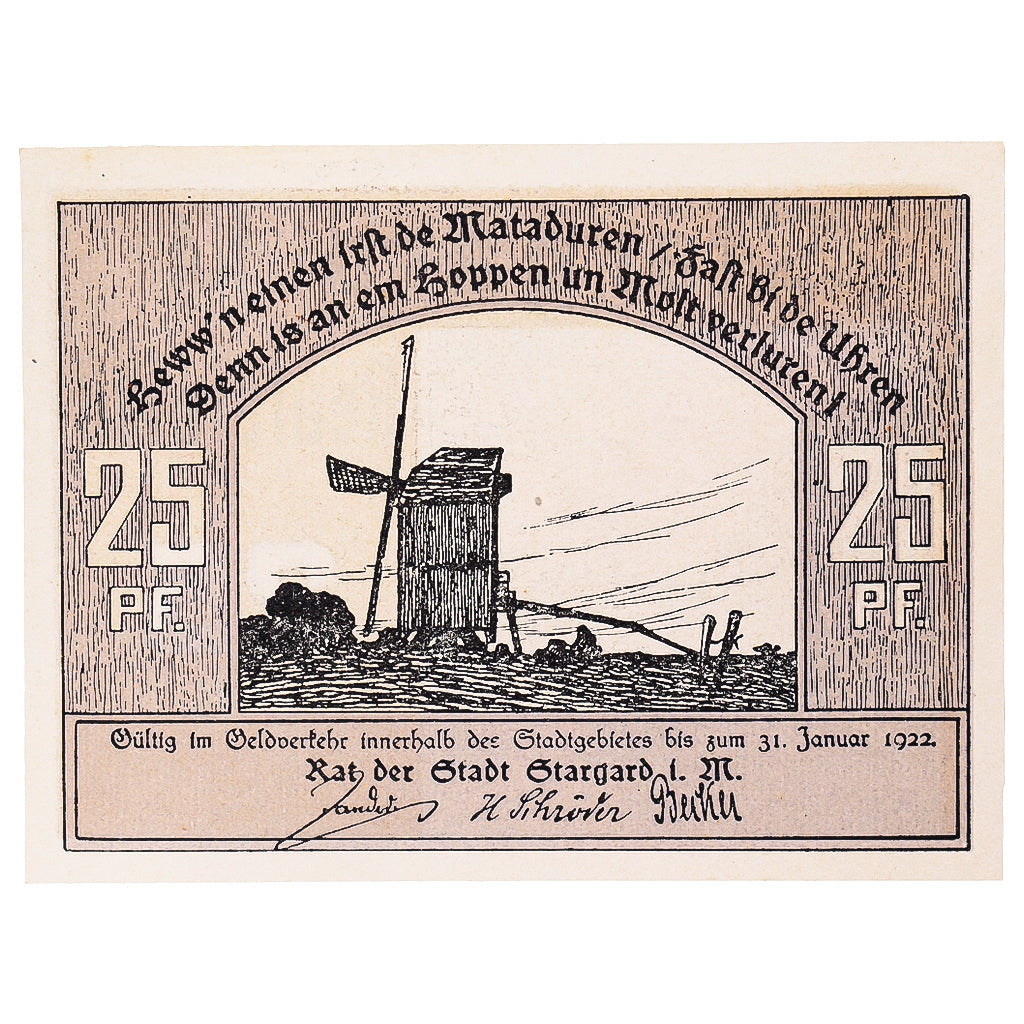 Banknote, Germany, Stargard, 25 Pfennig, rue, 1922 UNC(63) Mehl:1253.1