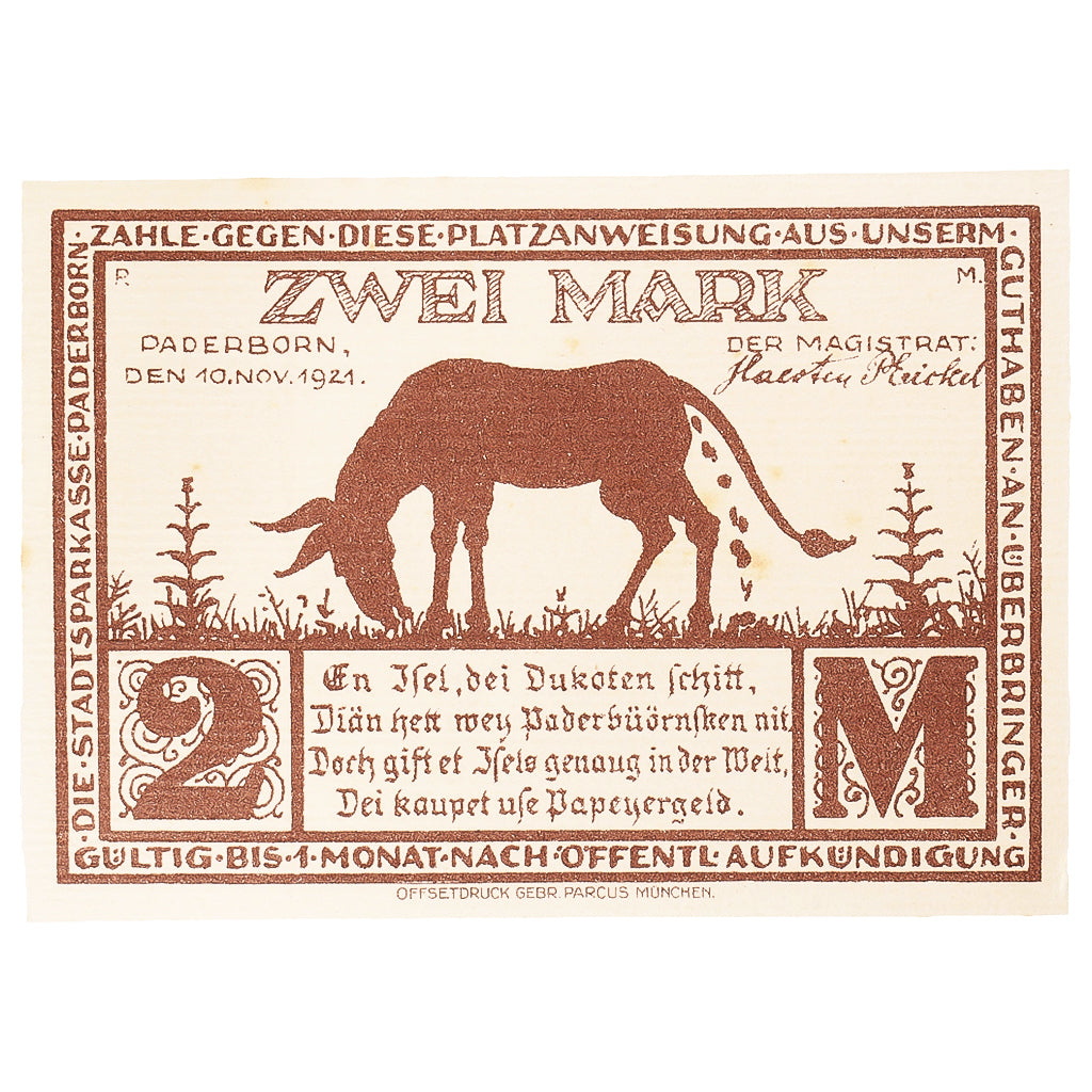 Billet, Allemagne, Paderborn, 2 Mark, ferme, 1921, 1921-11-10, SPL, Mehl:1043.5
