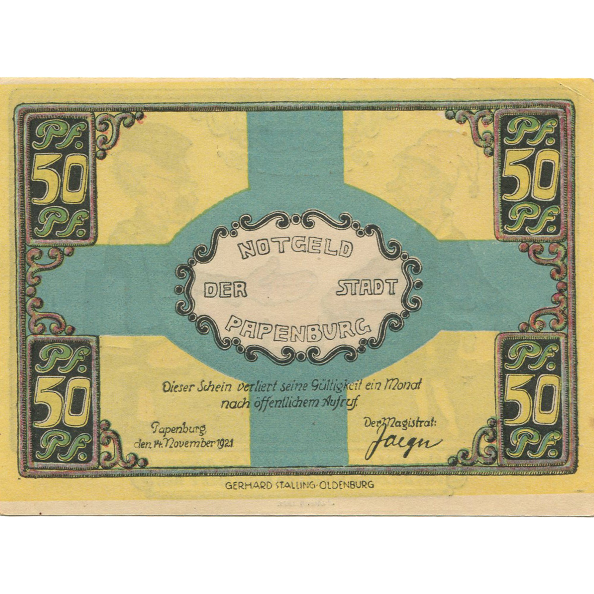 Banknote, Germany, Papenburg, 50 Pfennig, personnage, 1921 UNC(63) Mehl:1044.1