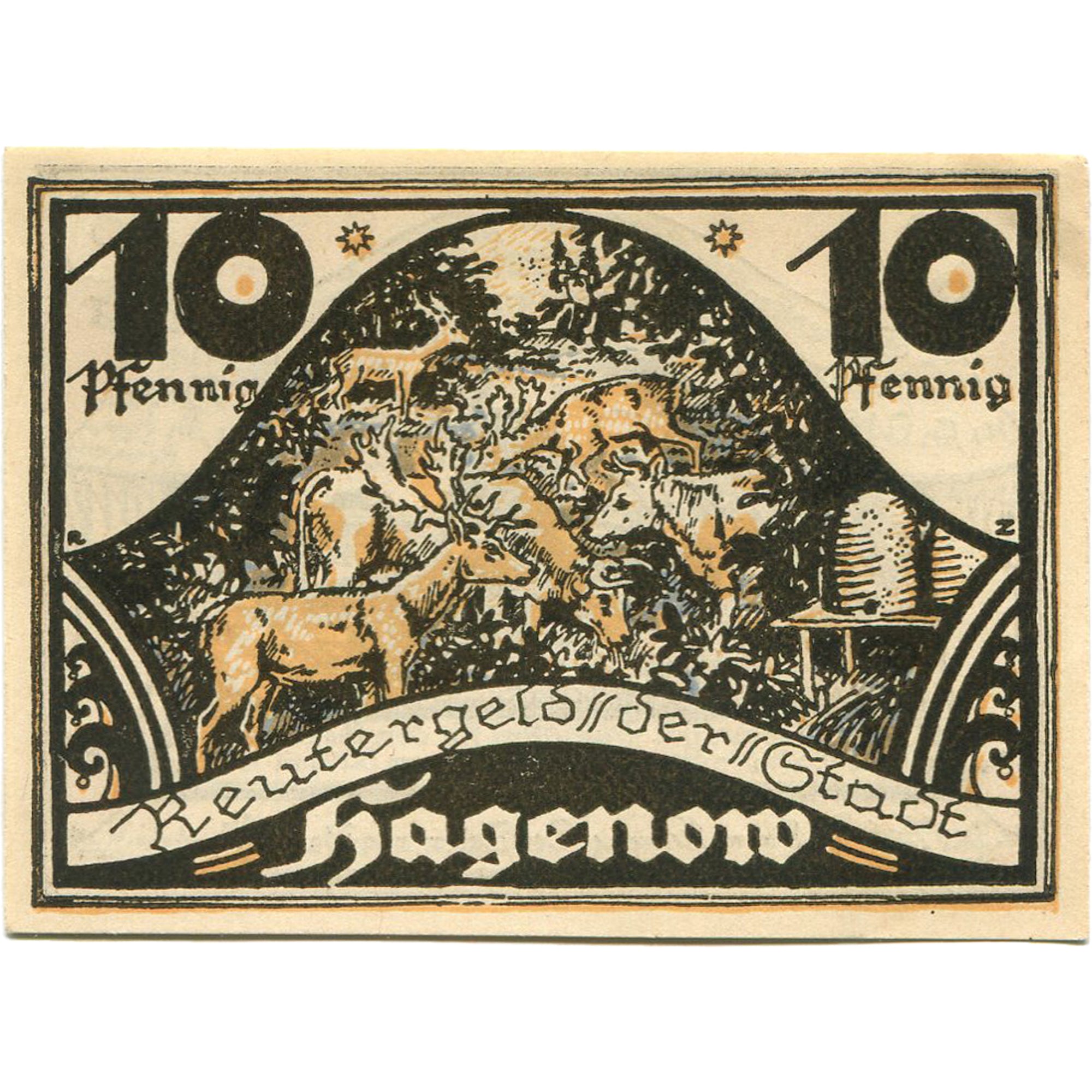 Banknote, Germany, Hagenow, 10 Pfennig, cerf, 1921, UNC(63), Mehl:500.2