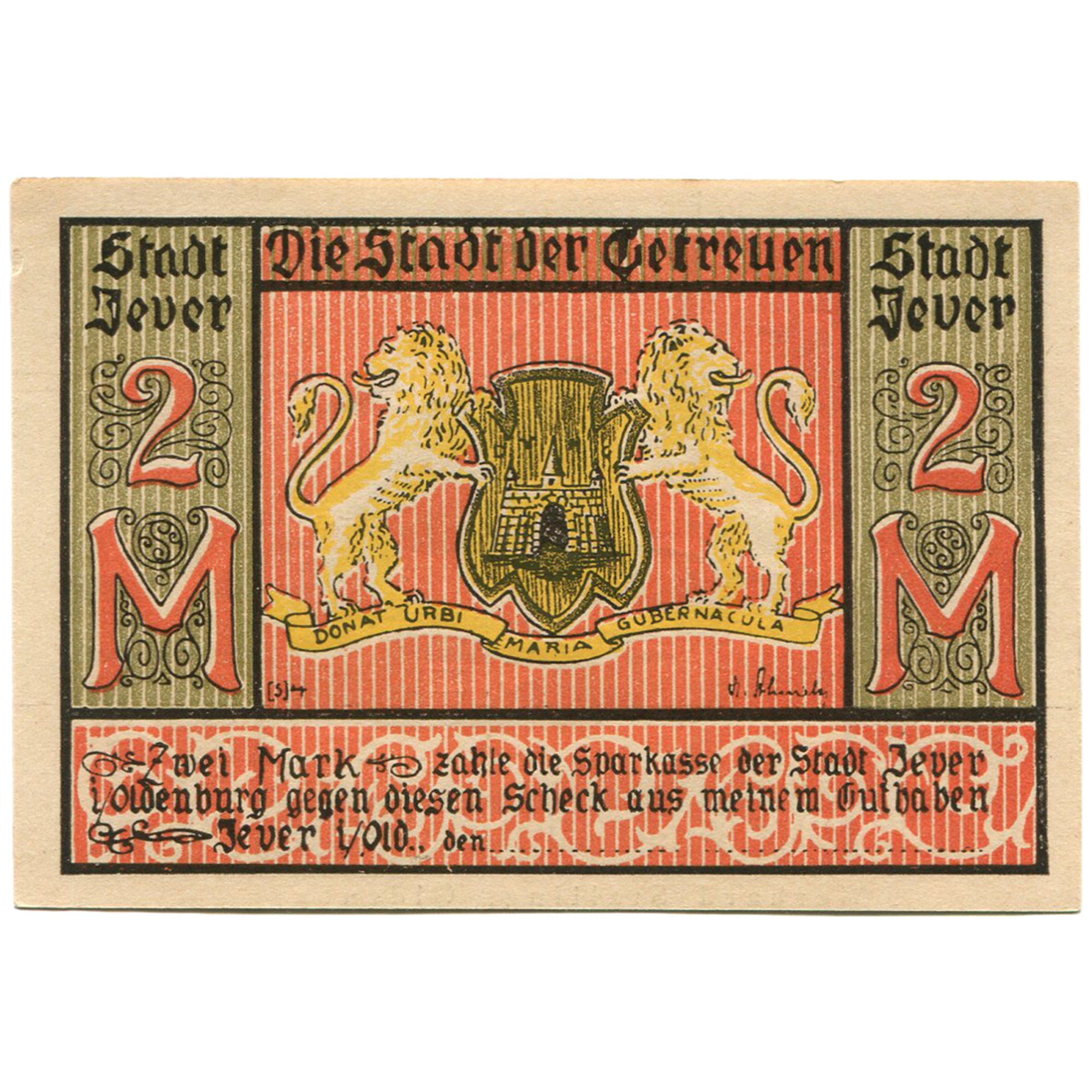 Banknot, Niemcy, Jever, 2 Mark, Lion, 1922, UNC(63), Mehl:661a.1