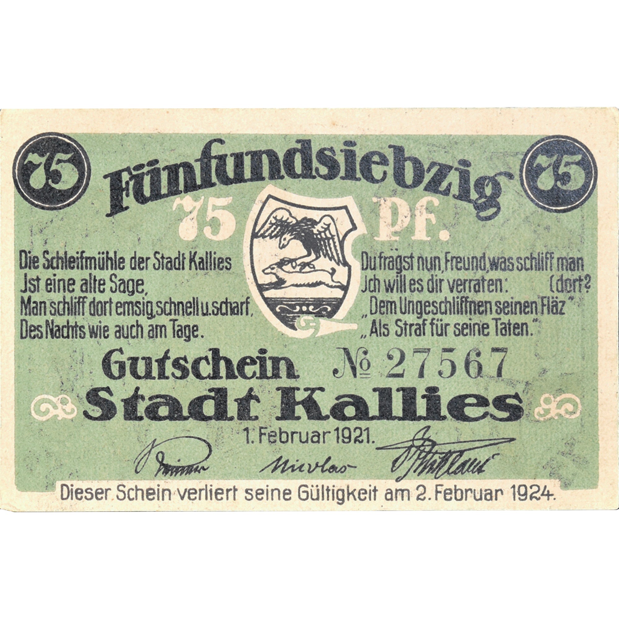 Banknote, Germany, Kallies, 75 Pfennig, aigle 1924-02-02, UNC(63) Mehl:672.1