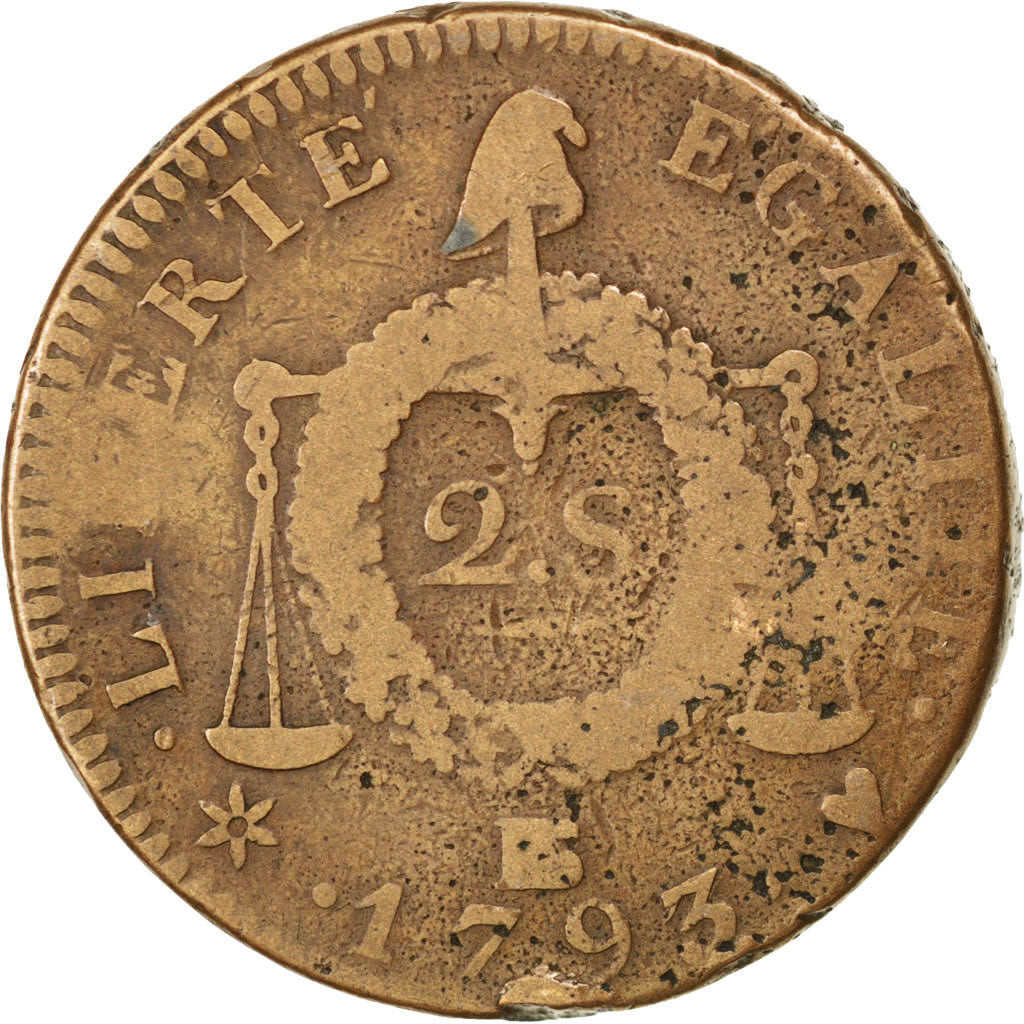 FRANCE, 2 sols aux balances daté, 2 Sols, 1793, Strasbourg, KM #621.4, F(12-15),
