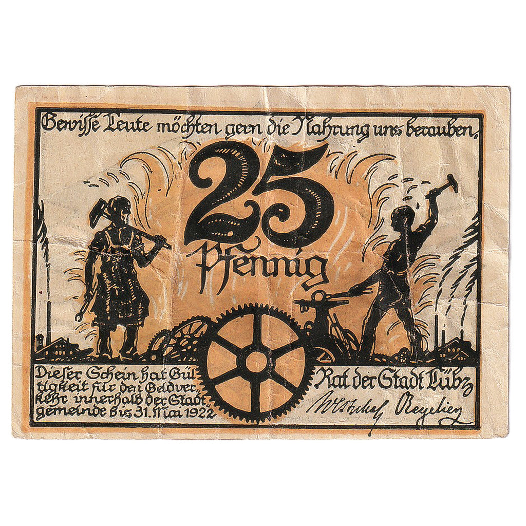 Banconote, Germania, Lübz, 25 Pfennig, forgeron, 1922 BB Mehl:FS 835.1