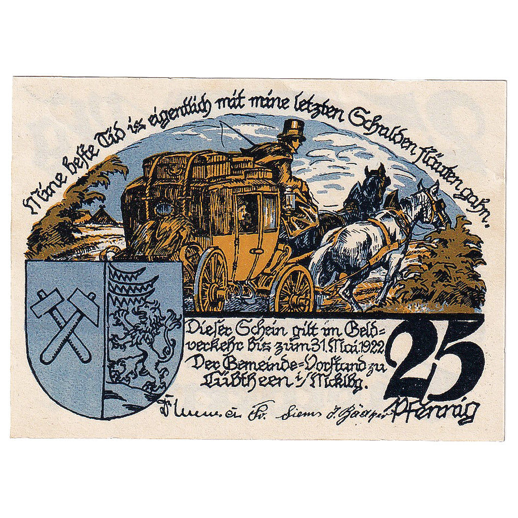 Banconote, Germania, Lübtheen, 25 Pfennig, Blason 1922-05-31, SPL Mehl:FS 834.1