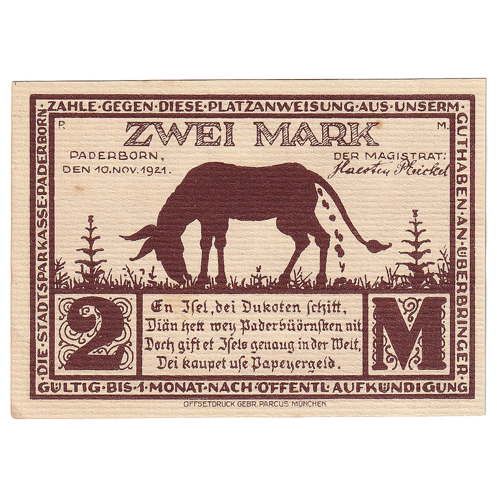 Banknote, Germany, Paderborn, 2 Mark, rue, 1921 UNC(63) Mehl:1043.5