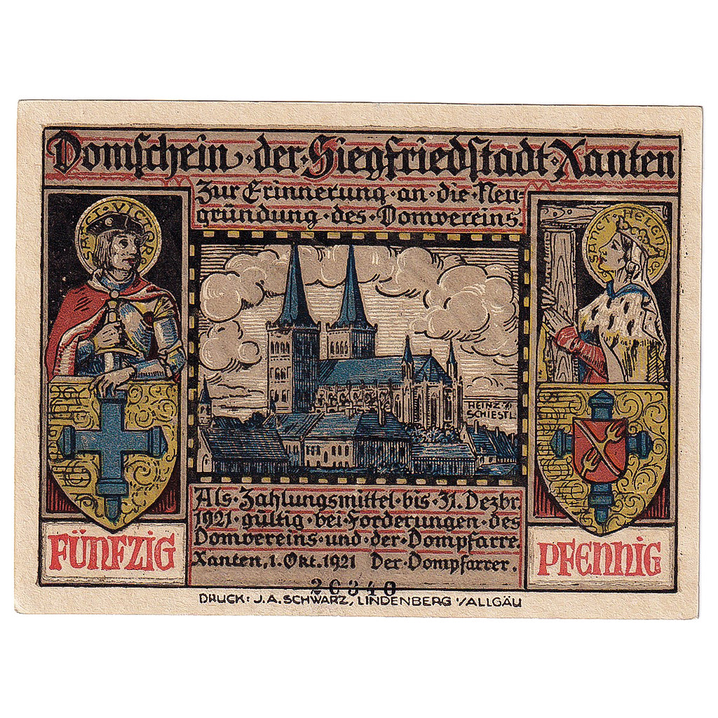 Banknote, Germany, Xanten, 50 Pfennig, chevalier, 1921 UNC(63) Mehl:1464.1b