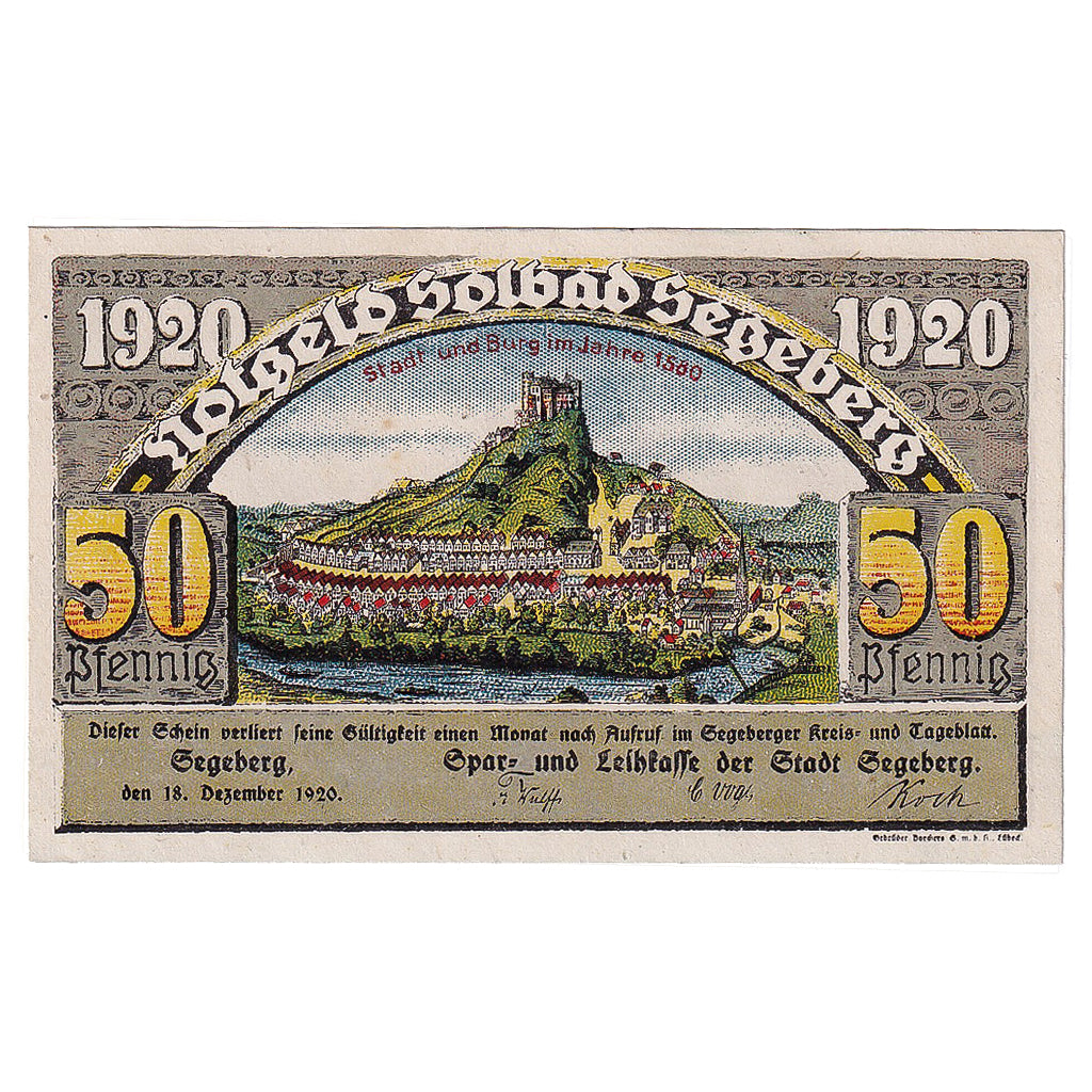 Banknote, Germany, Segeberg, 50 Pfennig, château, 1920 UNC(63) Mehl:1218.1