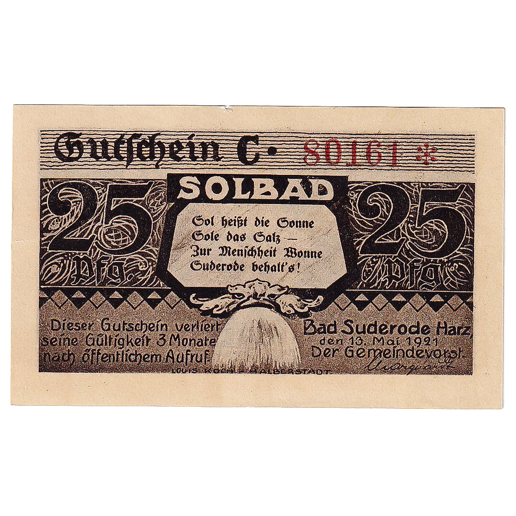 Geldschein, Deutschland, Suderode im Harz, 25 Pfennig 1921 UNZ- Mehl:1292.1a