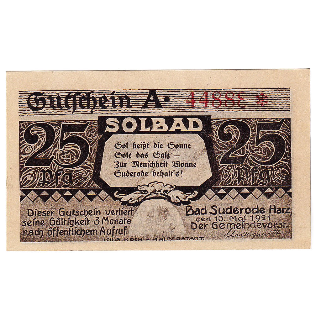 Banconote, Germania, Suderode im Harz, 25 Pfennig, jardin, 1921 SPL Mehl:1292.1a