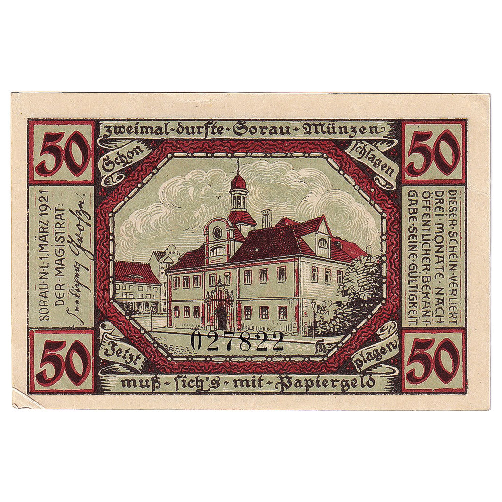 Banconote, Germania, Sorau, 50 Pfennig, mairie 1921-03-01, SPL Mehl:1247.1